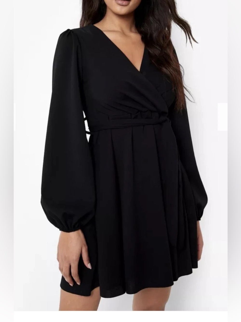 Boohoo Black Long-Sleeve Wrap Mini Dress